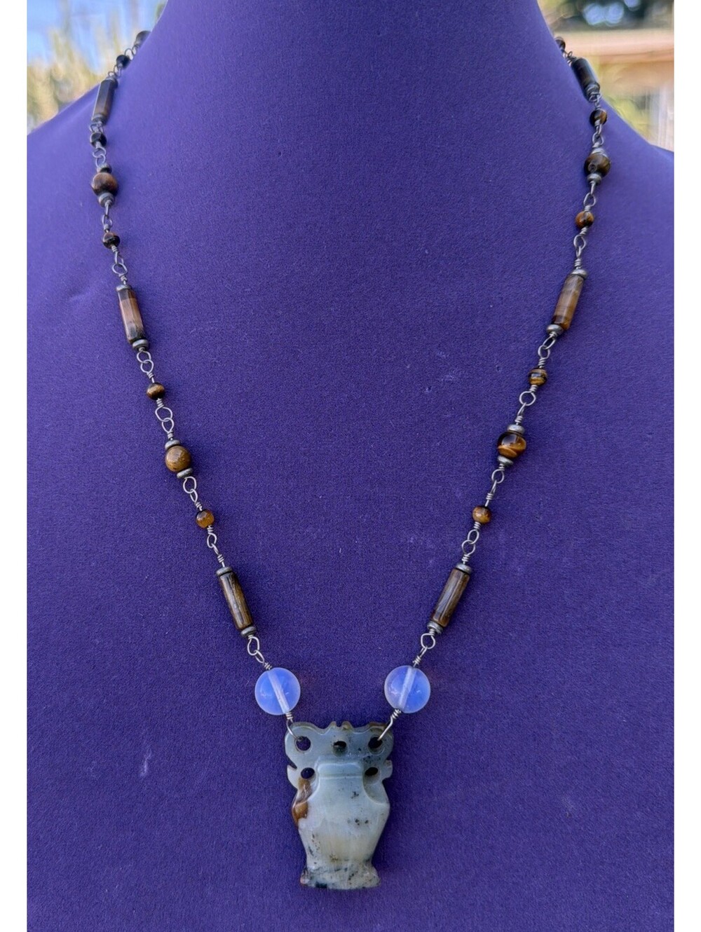 VTG Handcrafted Jade? Vase Pendant With Moonstones And Tiger Eye Beads Necklace